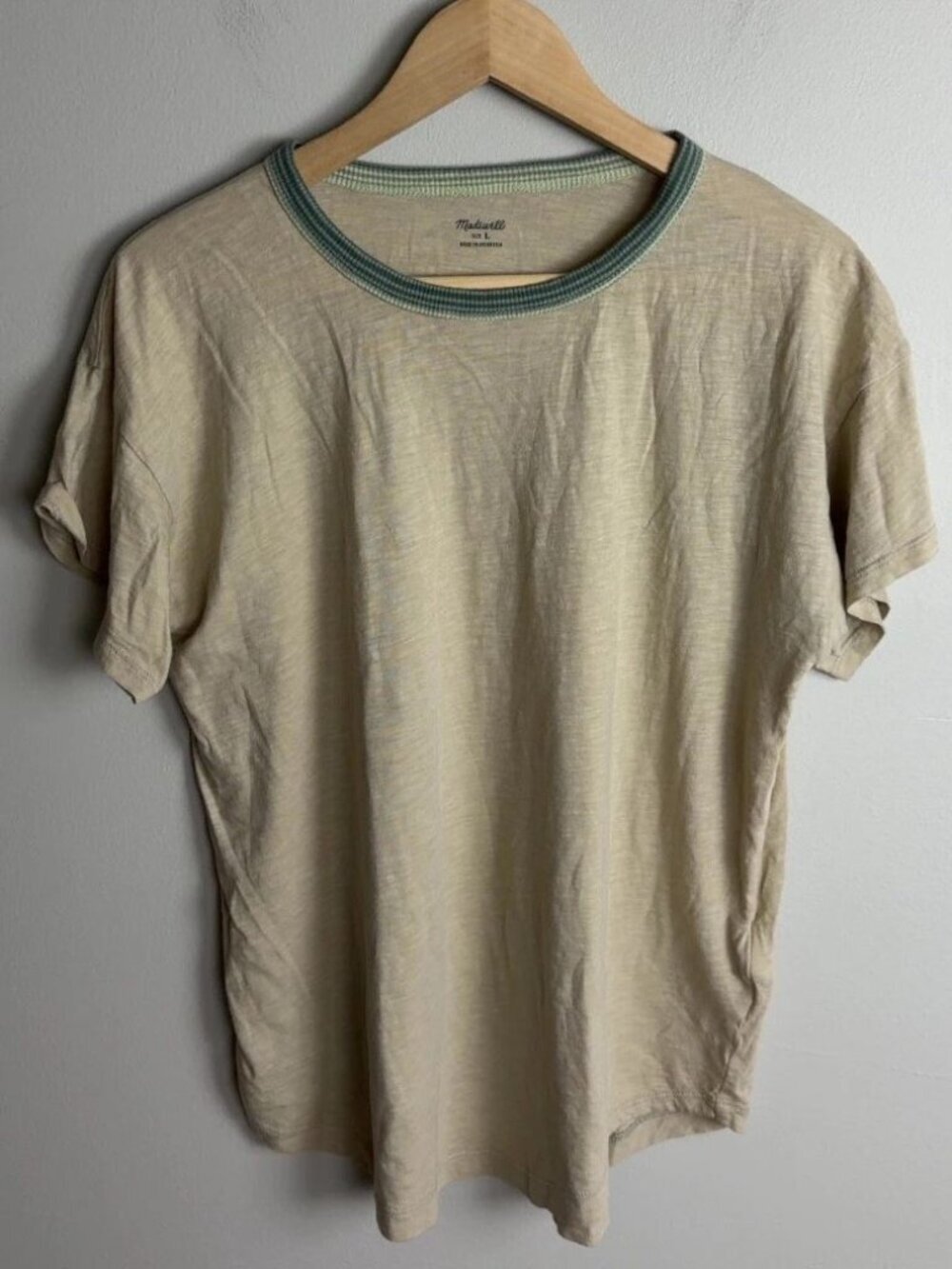 Madewell Ringer T-Shirt Size Large Tan Green Trim 100% Cotton Crew Neck Women’s